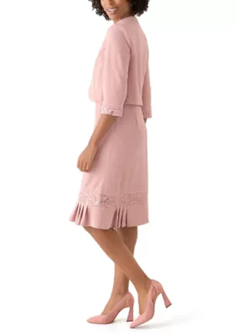 Women's Stretch Knit Jacket Dress with Pleated Flouce Embroidered Trim