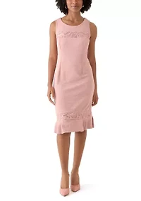 Women's Stretch Knit Jacket Dress with Pleated Flouce Embroidered Trim