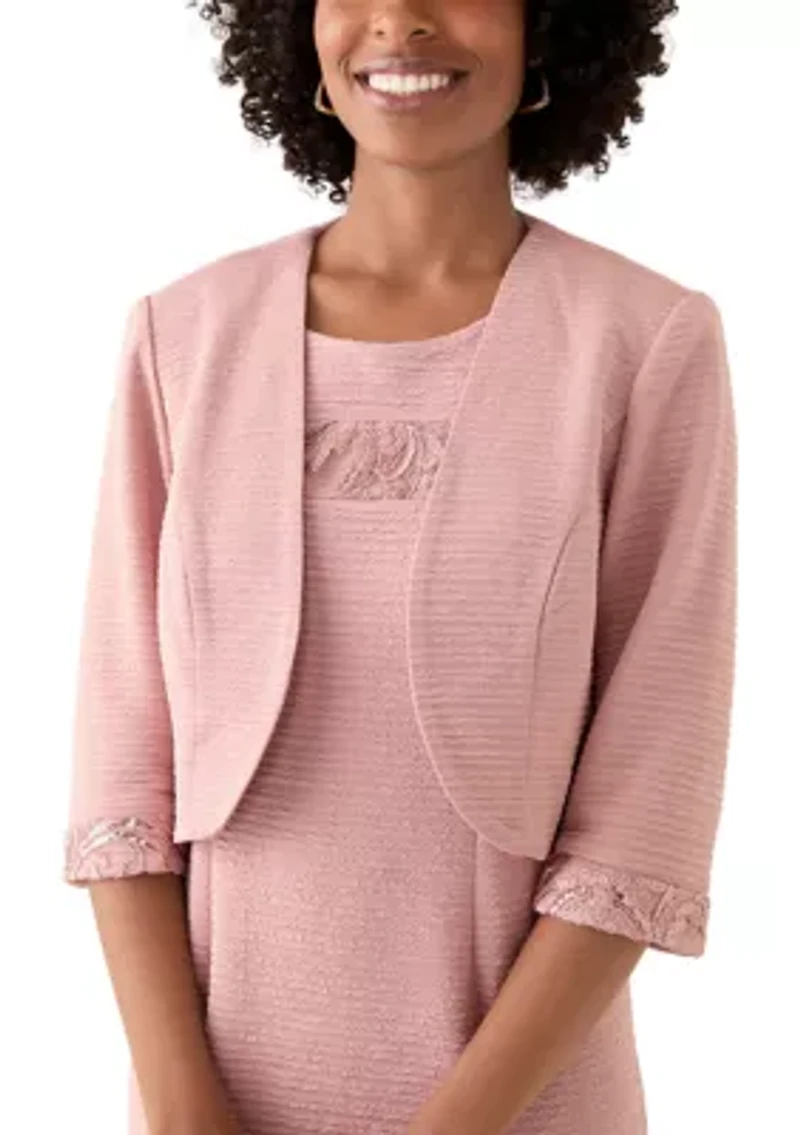 Women's Stretch Knit Jacket Dress with Pleated Flouce Embroidered Trim
