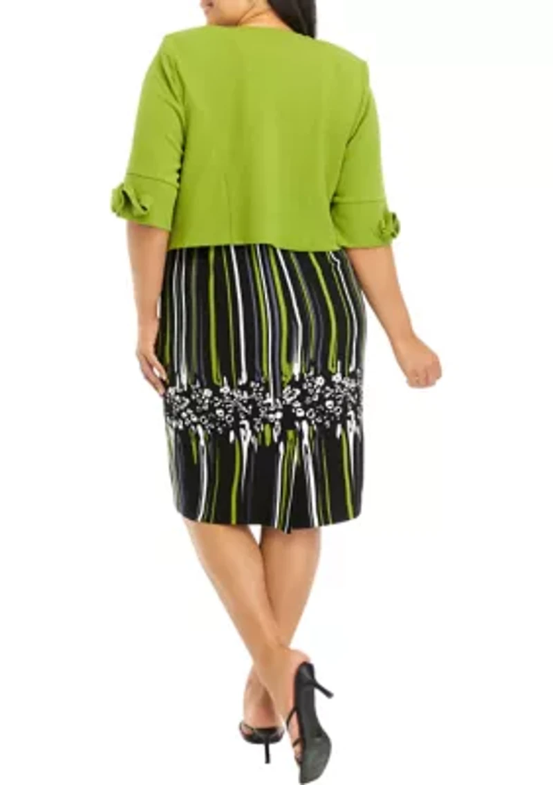 Plus 3/4 Sleeve Stretch Knit Jacket with Sleeveless Printed Dress