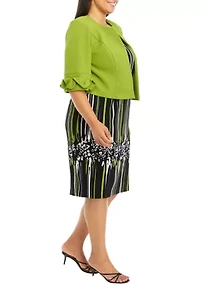 Plus 3/4 Sleeve Stretch Knit Jacket with Sleeveless Printed Dress