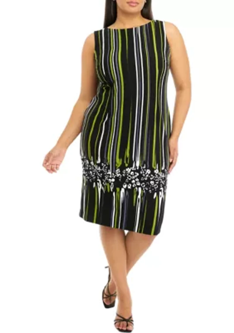 Plus 3/4 Sleeve Stretch Knit Jacket with Sleeveless Printed Dress