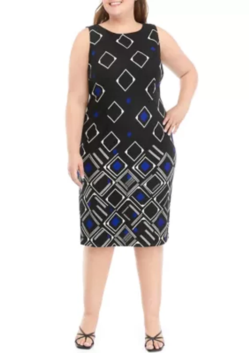 Plus 3/4 Sleeve Stretch Knit Jacket Dress With Sleeveless Printed