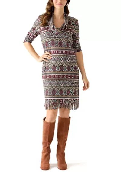 Women's Elbow Sleeve Cowl Neck Fringe Dress