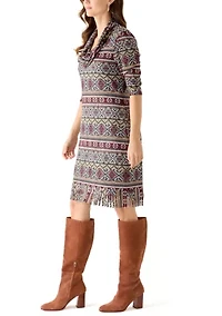 Women's Elbow Sleeve Cowl Neck Fringe Dress