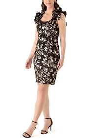 Women's Ruffle Sleeve Sequin Shift Dress