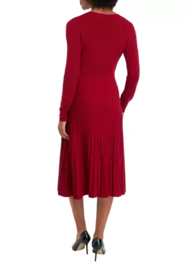 Women's Long Sleeve V-Neck Solid Belted Sweater Fit and Flare Dress