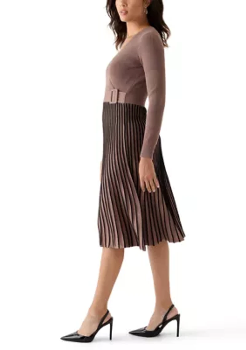 Women's Rib Pleated Belted Dress