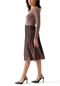 Women's Rib Pleated Belted Dress