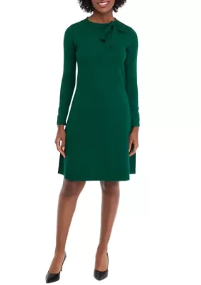Women's Long Sleeve Crew Neck Solid Midi Knit A-Line Dress