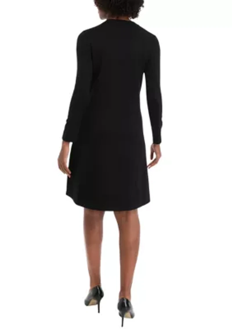 Women's Long Sleeve Crew Neck Solid Midi Knit A-Line Dress