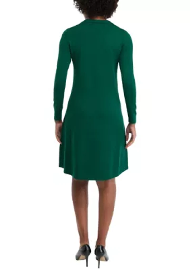 Women's Long Sleeve Crew Neck Solid Midi Knit A-Line Dress