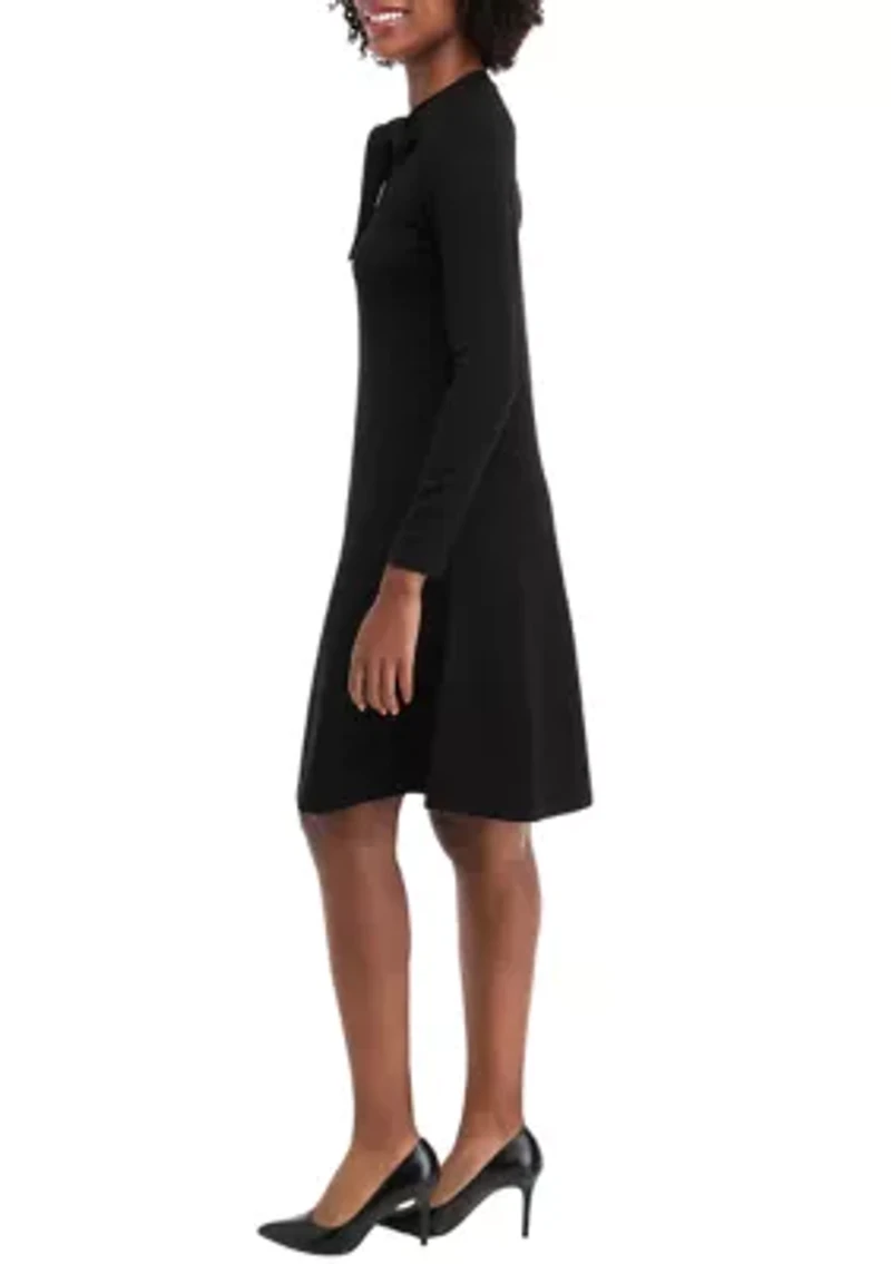 Women's Long Sleeve Crew Neck Solid Midi Knit A-Line Dress