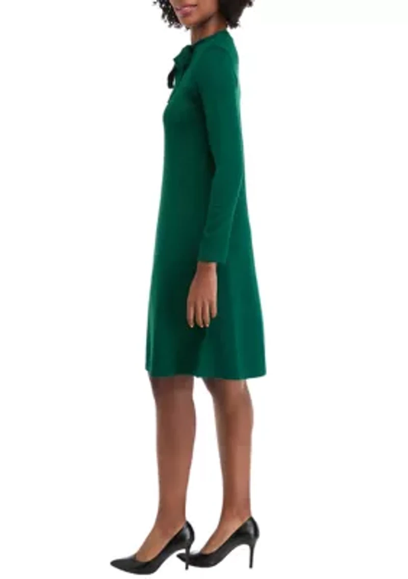 Women's Long Sleeve Crew Neck Solid Midi Knit A-Line Dress