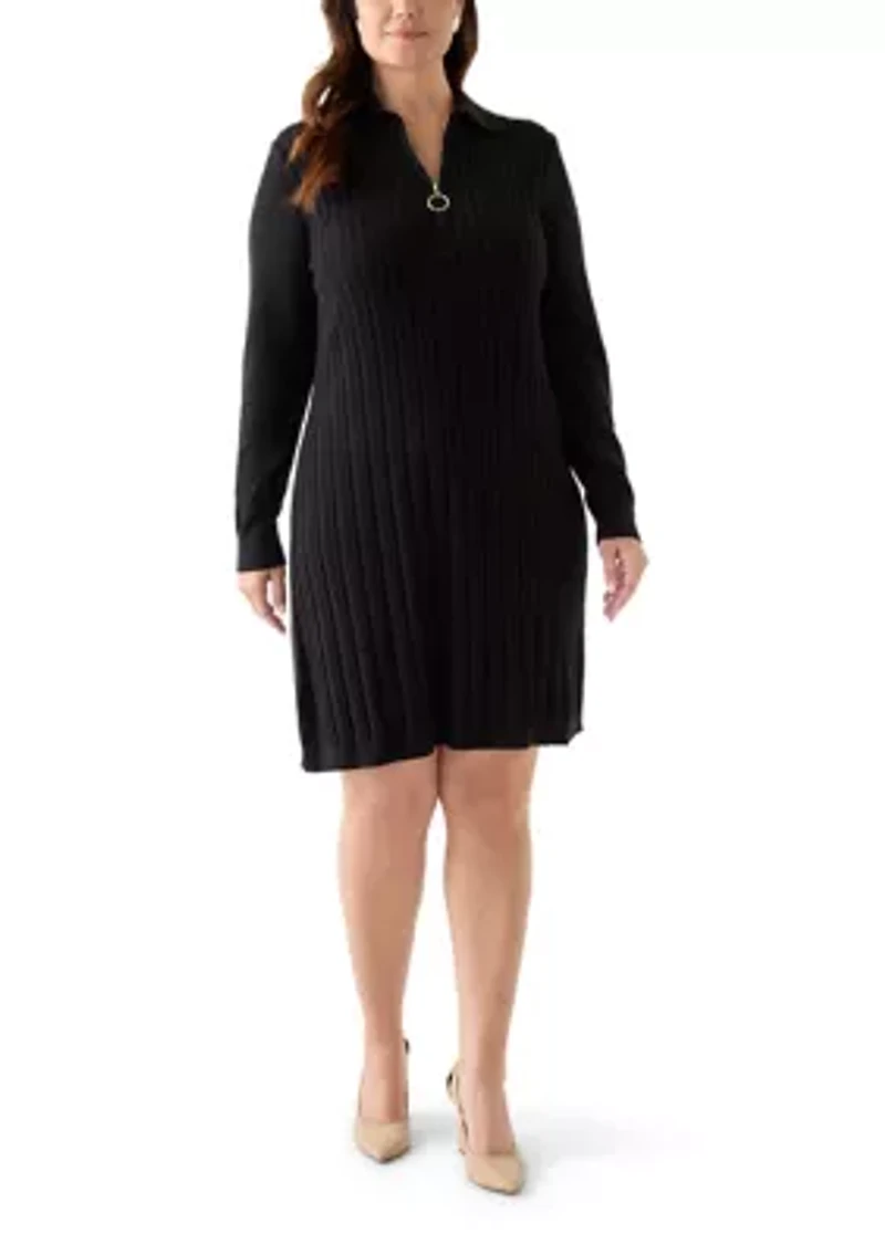 Plus Long Sleeve V-Neck Solid Sweater Dress