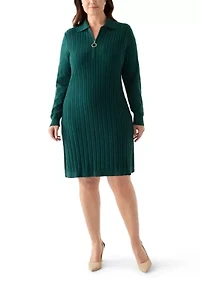 Plus Long Sleeve V-Neck Solid Sweater Dress