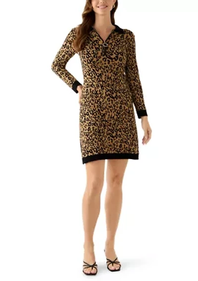 Women's Collar Neck Zip Up Animal Print Sweater Mini Dress