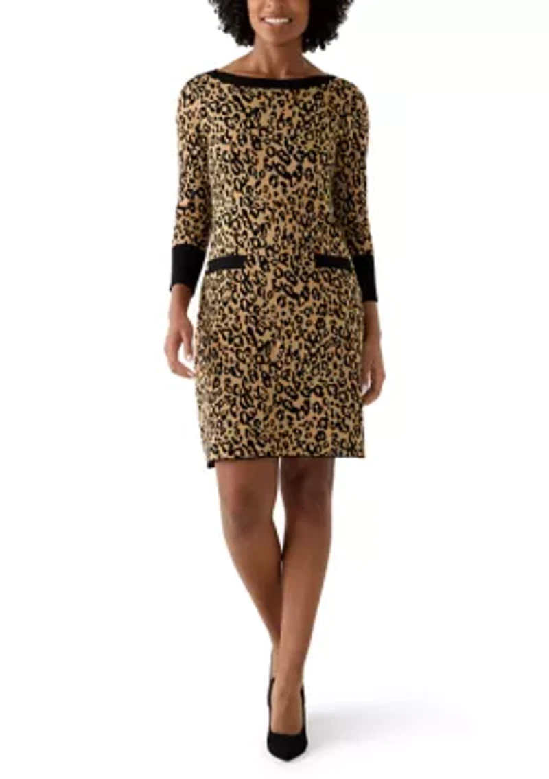 Women's Long Sleeve Leopard Print Sweater Dress