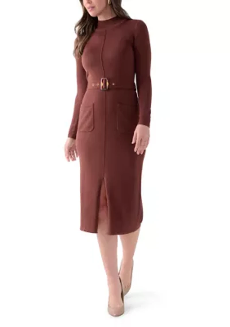 Women's Long Sleeve Mock Neck Belted Sweater Midi Dress