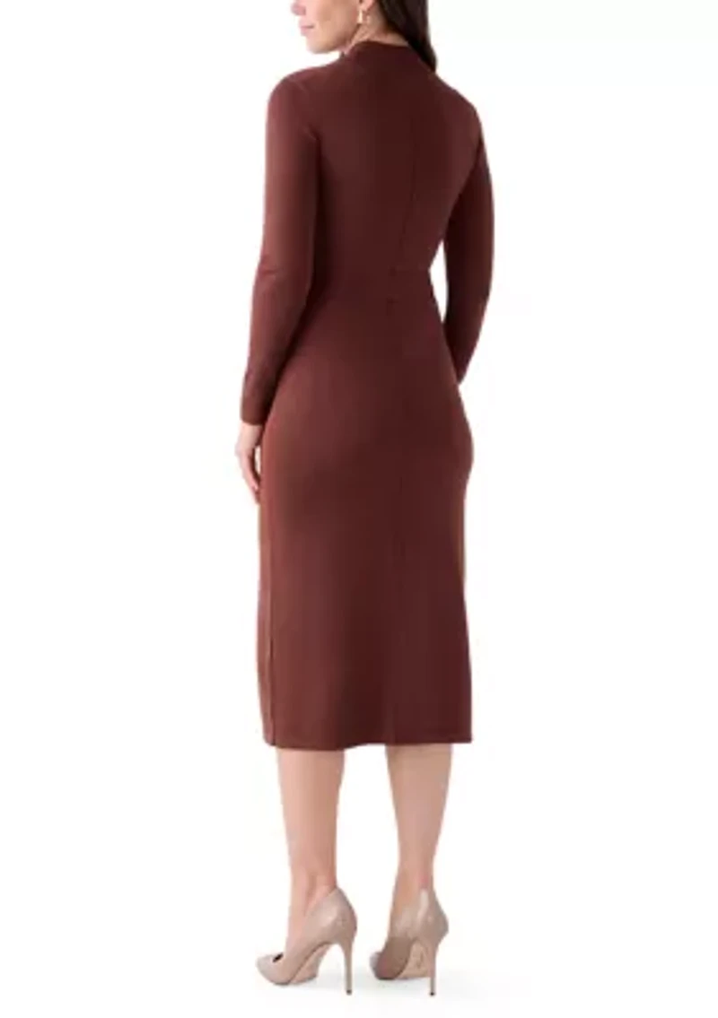 Women's Long Sleeve Mock Neck Belted Sweater Midi Dress