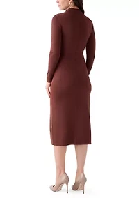 Women's Long Sleeve Mock Neck Belted Sweater Midi Dress