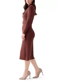 Women's Long Sleeve Mock Neck Belted Sweater Midi Dress