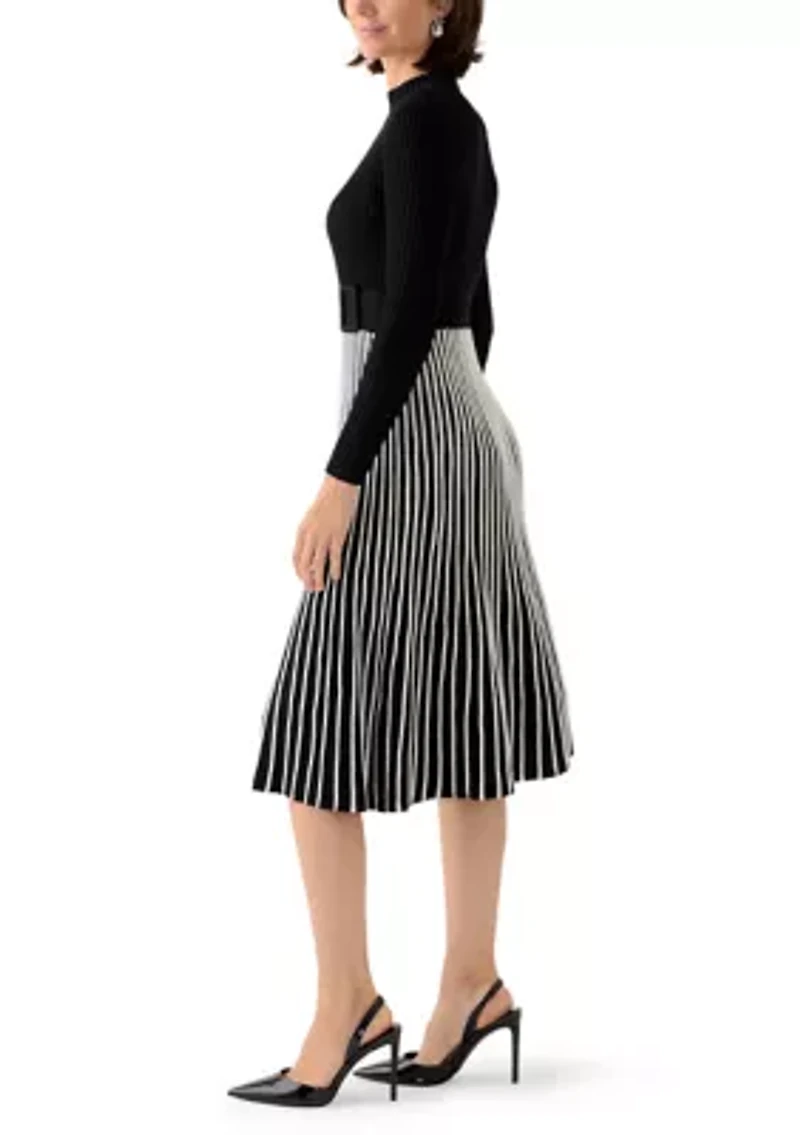 Women's Long Sleeve Mock Neck Belted Sweater Dress