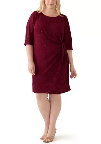 Plus 3/4 Sleeve Crew Neck Side Bow Solid Sheath Dress