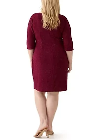 Plus 3/4 Sleeve Crew Neck Side Bow Solid Sheath Dress