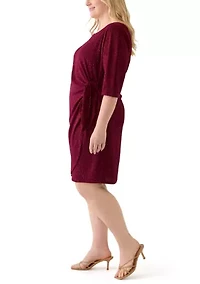 Plus 3/4 Sleeve Crew Neck Side Bow Solid Sheath Dress