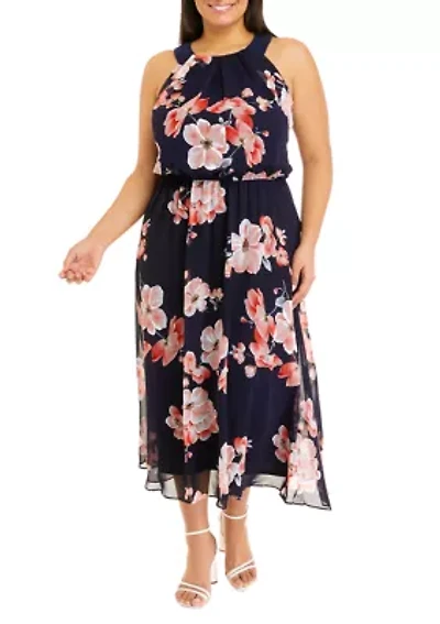 Plus Sleeve Floral Print Chiffon Midi Dress