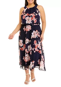 Plus Sleeve Floral Print Chiffon Midi Dress