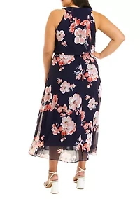 Plus Sleeve Floral Print Chiffon Midi Dress