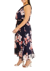 Plus Sleeve Floral Print Chiffon Midi Dress