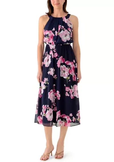 Women's Sleeveless Halter Floral Chiffon Dress