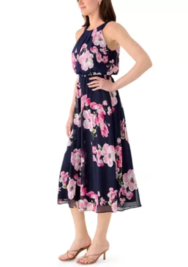 Women's Sleeveless Halter Floral Chiffon Dress