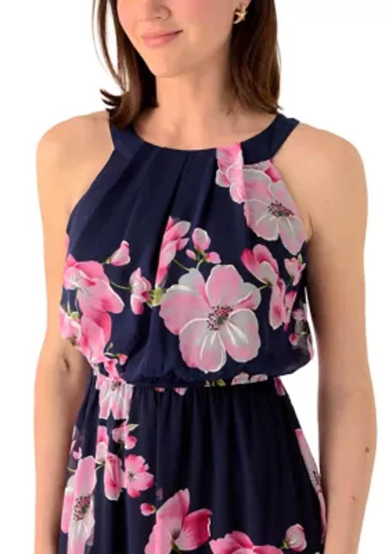 Women's Sleeveless Halter Floral Chiffon Dress