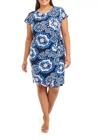 Plus Short Sleeve Medallion Print Wrap Dress