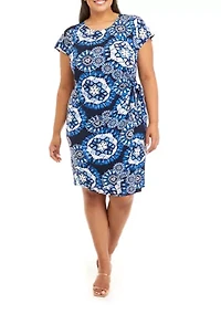 Plus Short Sleeve Medallion Print Wrap Dress
