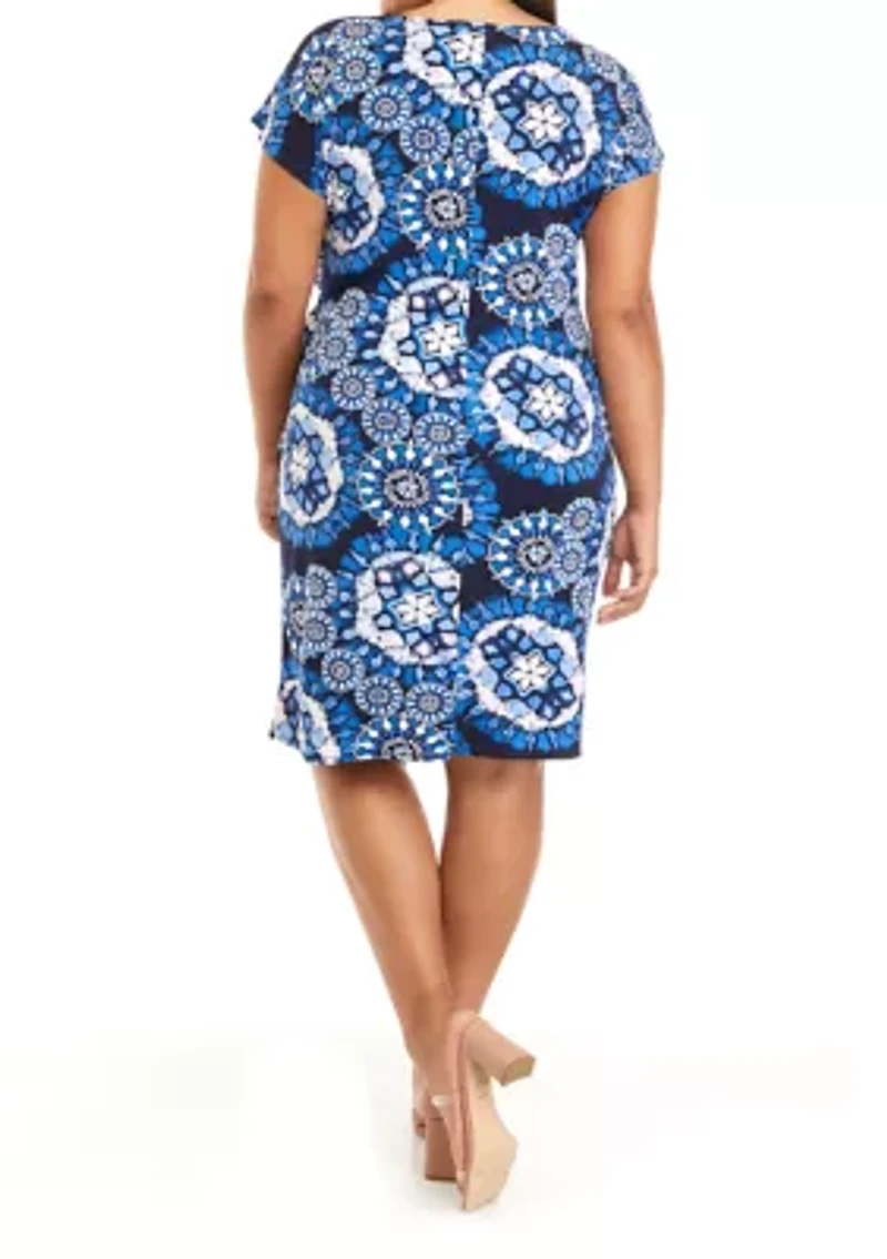 Plus Short Sleeve Medallion Print Wrap Dress