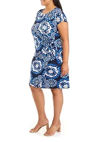 Plus Short Sleeve Medallion Print Wrap Dress