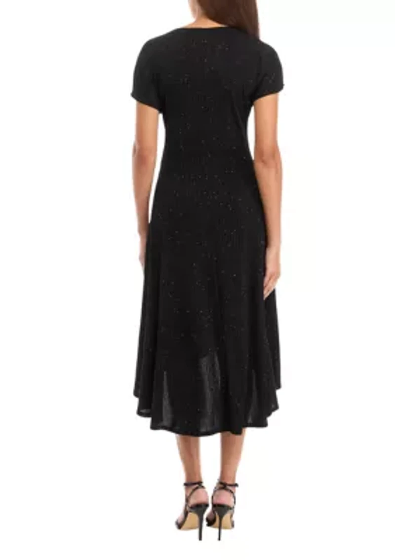 Women's Short Sleeve Tie Waist Solid Glitter Fit and Flare Dress