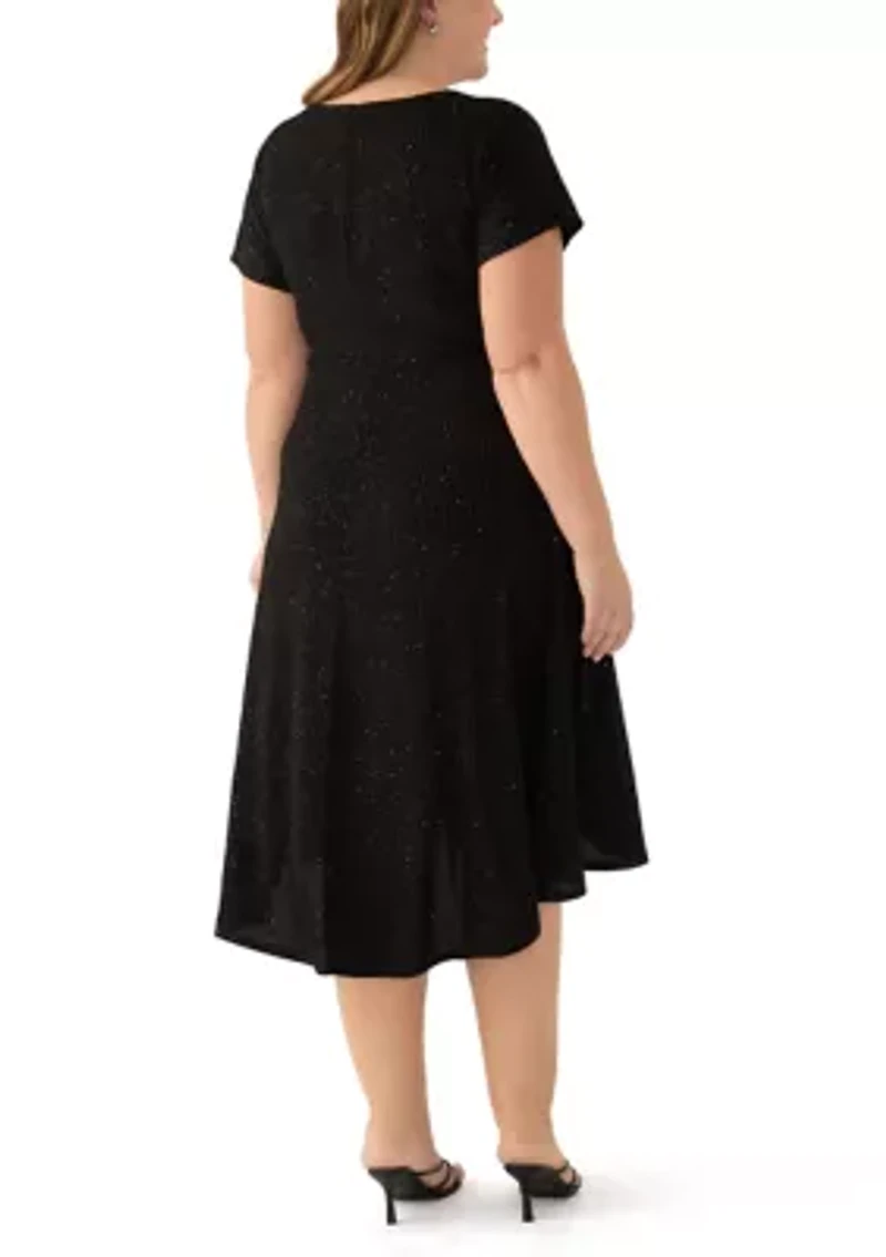 Plus Short Sleeve Crew Neck Tie Waist Glitter Knit Fit and Flare Dress