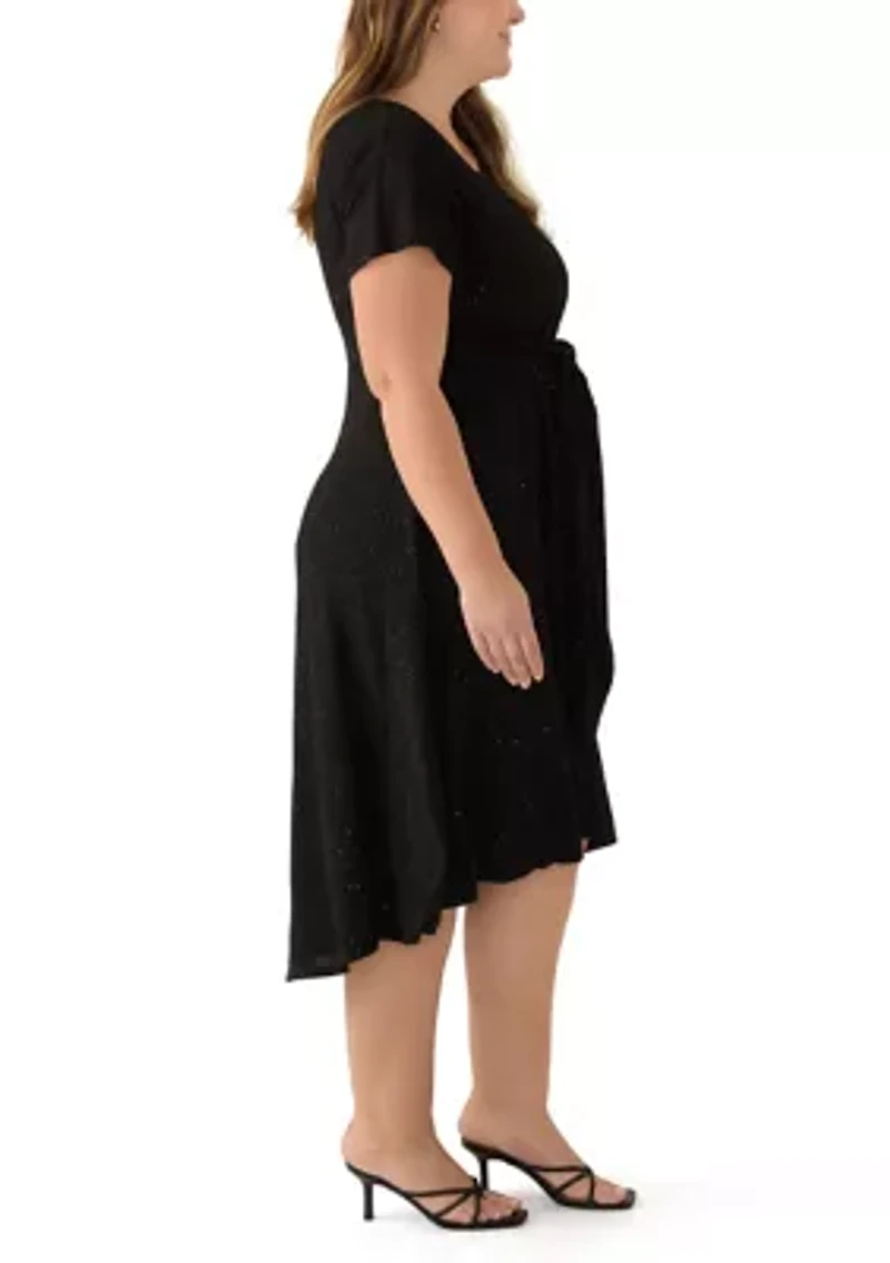 Plus Short Sleeve Crew Neck Tie Waist Glitter Knit Fit and Flare Dress