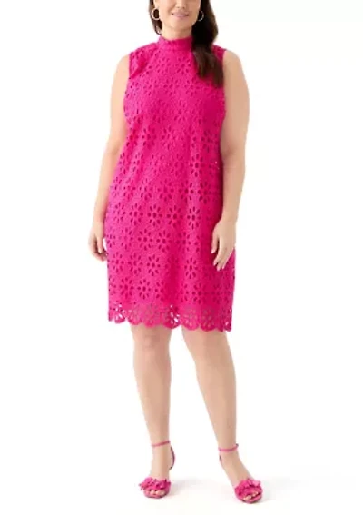 Plus Sleeveless Daisy Embroidered Mock Neck A-Line Dress