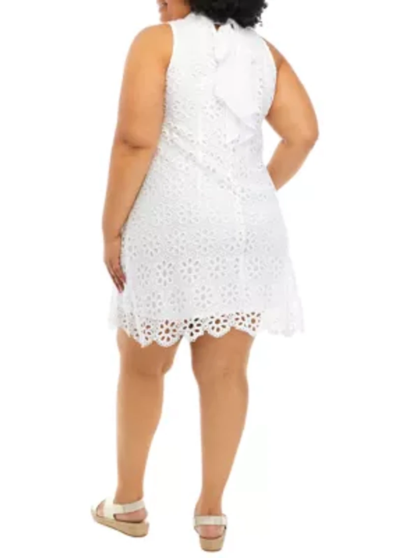 Plus Sleeveless Daisy Embroidered Mock Neck A-Line Dress