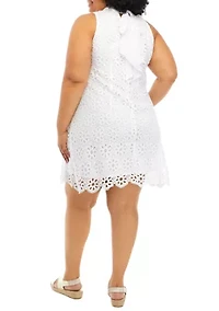 Plus Sleeveless Daisy Embroidered Mock Neck A-Line Dress