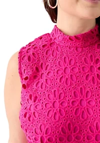 Plus Sleeveless Daisy Embroidered Mock Neck A-Line Dress