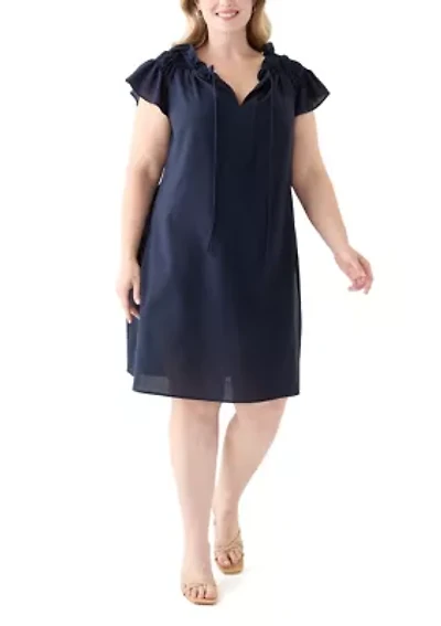 Plus Sleeveless Split Neck Linen A-Line Dress