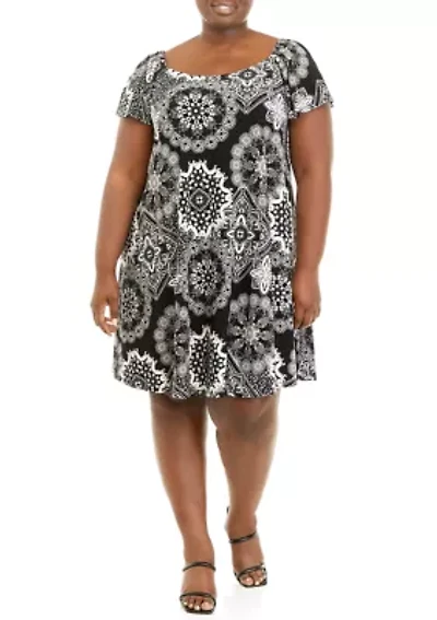 Plus Flutter Sleeve Medallion Print Dress